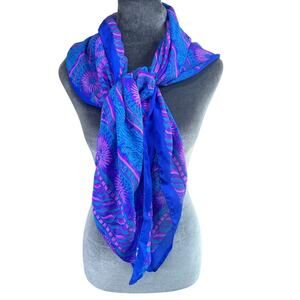Vintage Silky Semi Sheer Royal Blue Purple Square Scarf- 39x39"- flowers